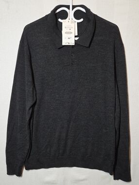 Zara Men Sweater XL Gray Long Sleeve Polo Button Pullover 23" PTP
